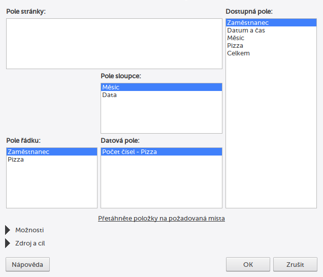 Nastavení pivot tabulky v LibreOffice