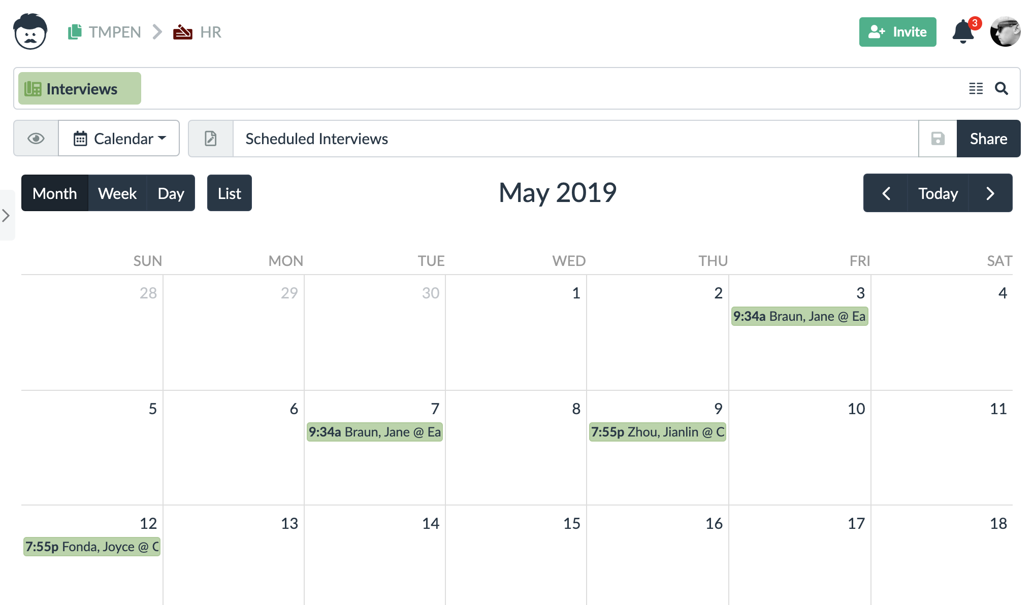 Tracking Candidates Template scheduled interviews