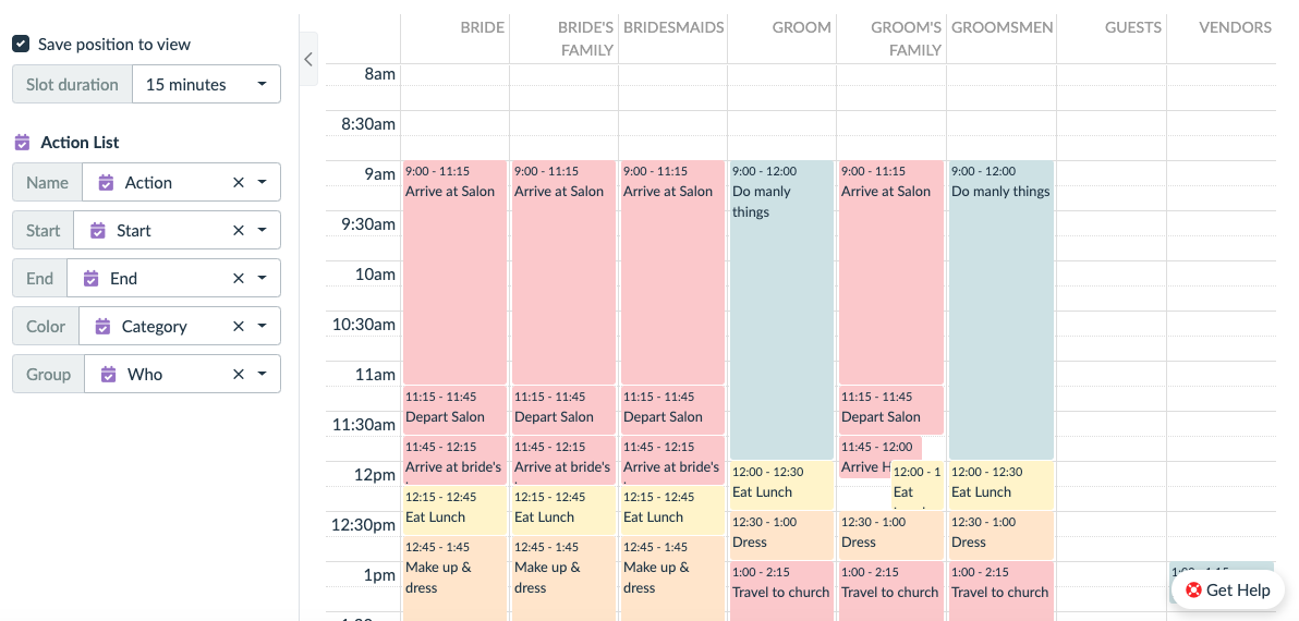 wedding planning template demonstrates usage of groups in the calendar view