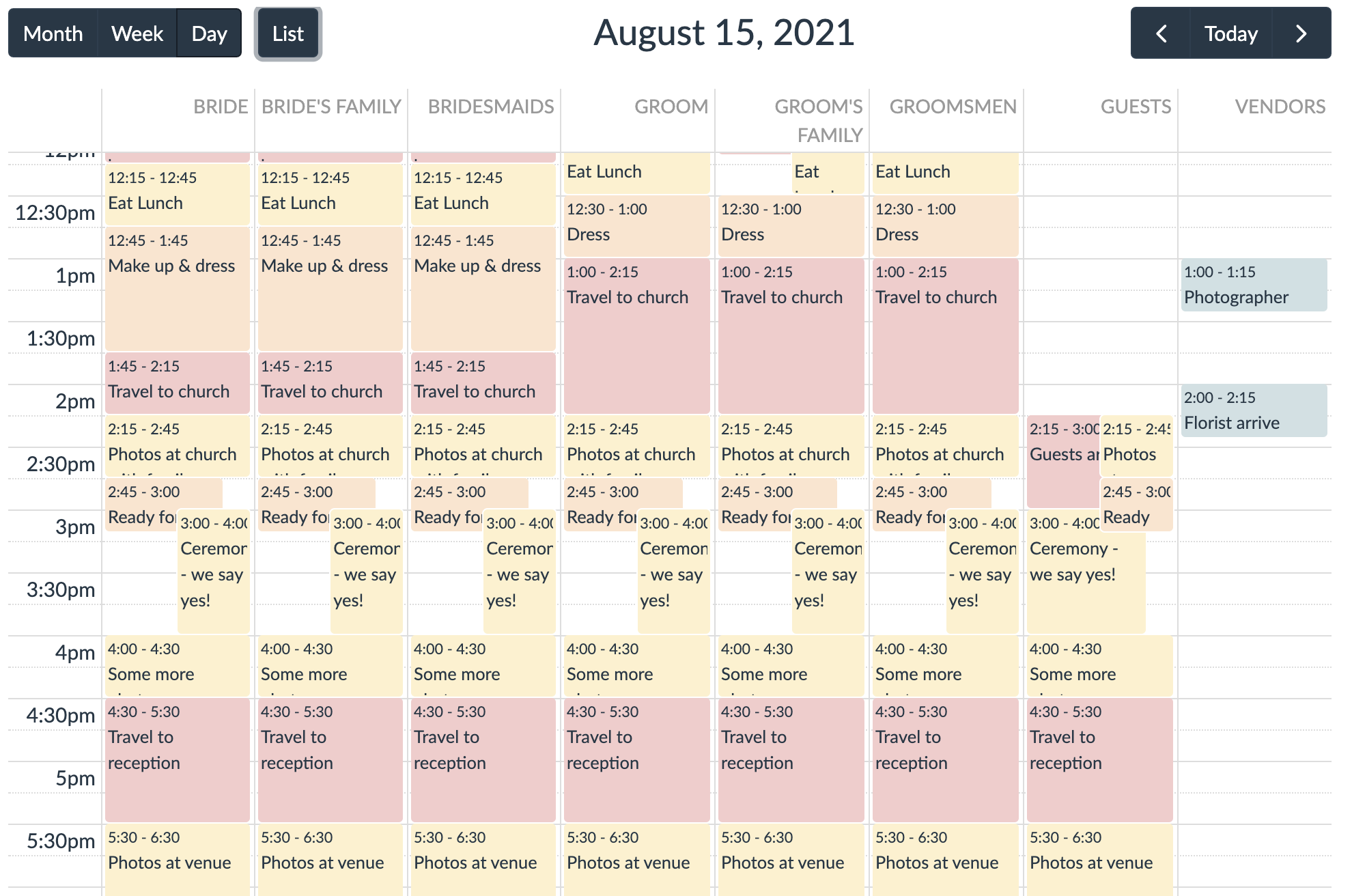 calendar with column groups