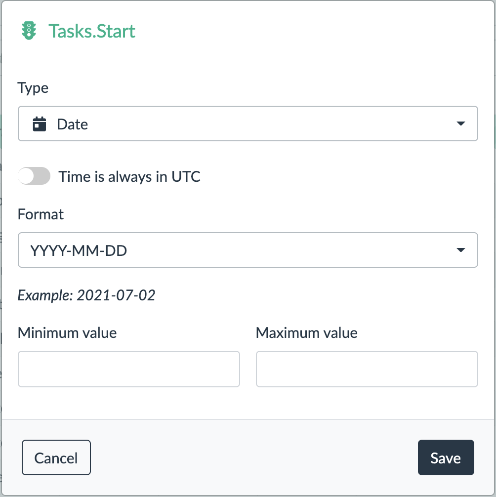 date and time attribute data type configuration dialog