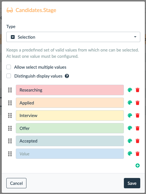 selection data type configuration