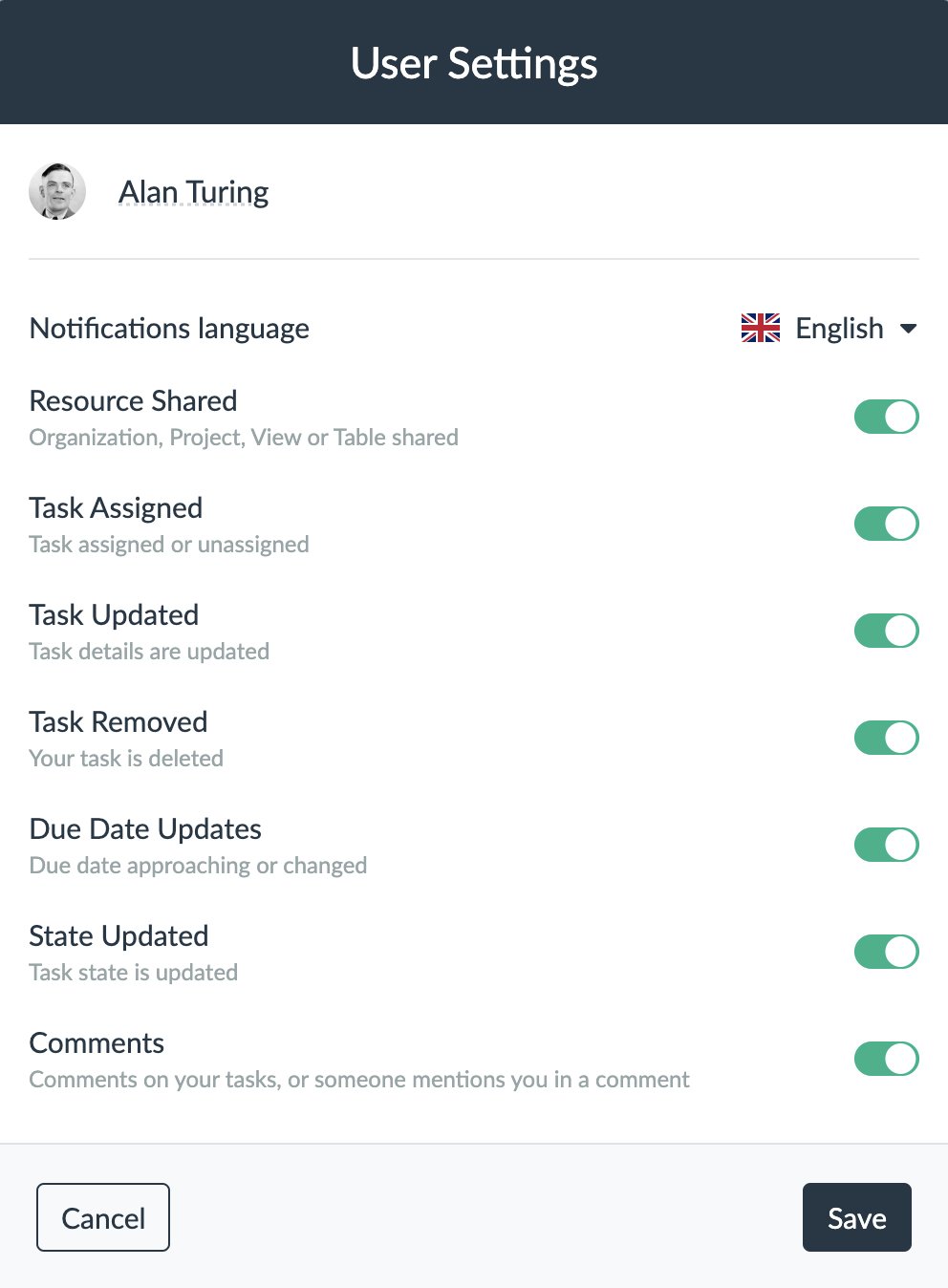 user settings dialog