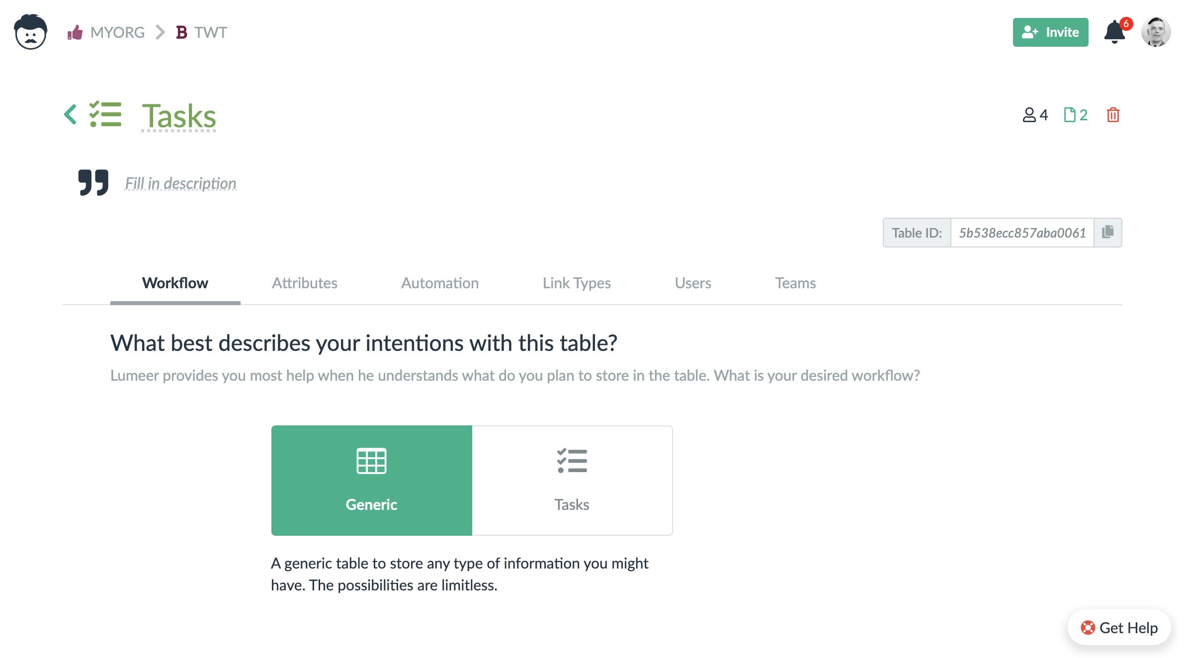 workflow table settings