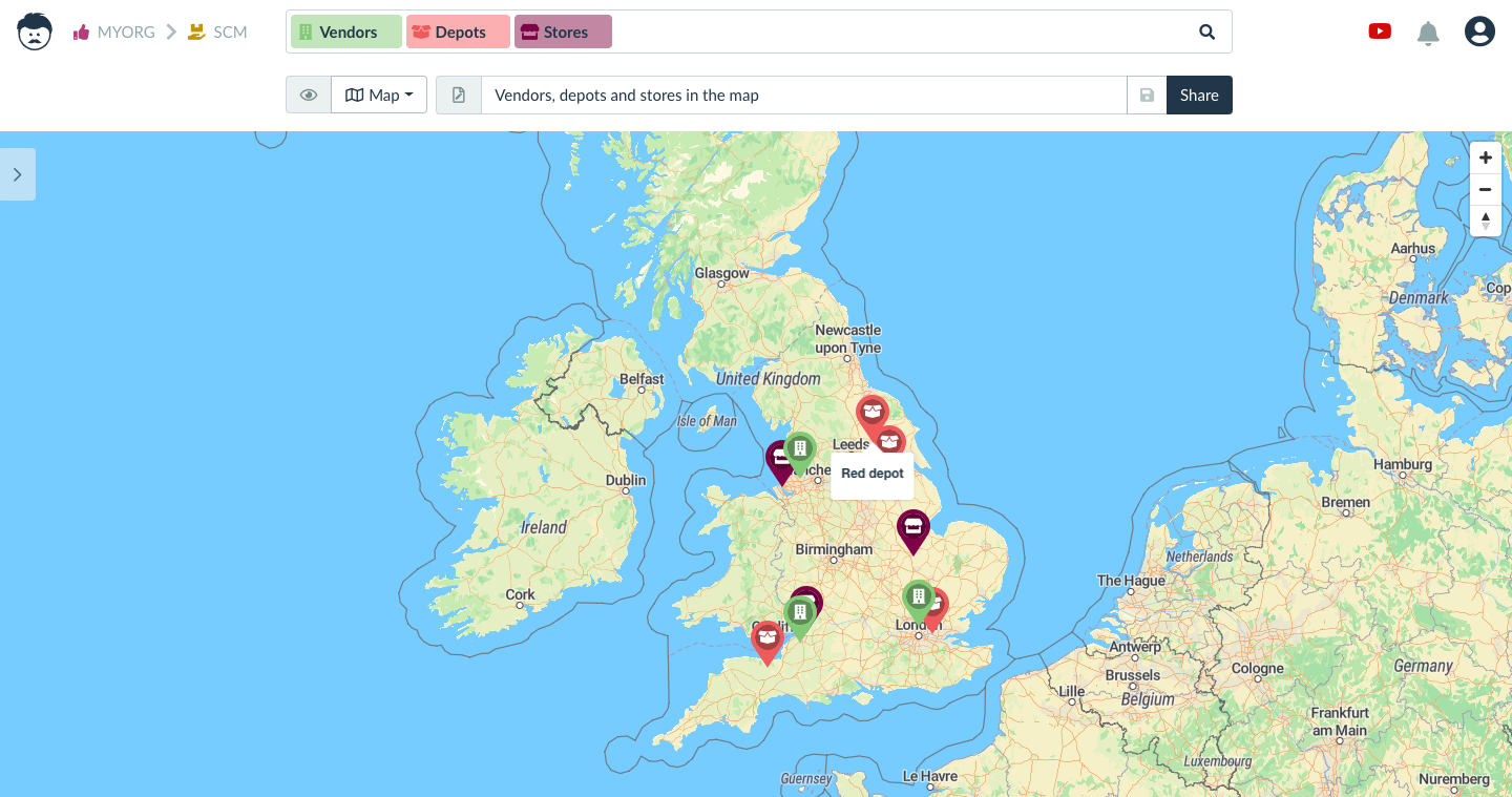 stores and depots on a map Supply Chain Template