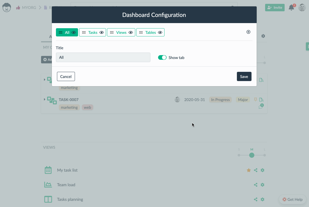 set visible tabs in dashboard configuration