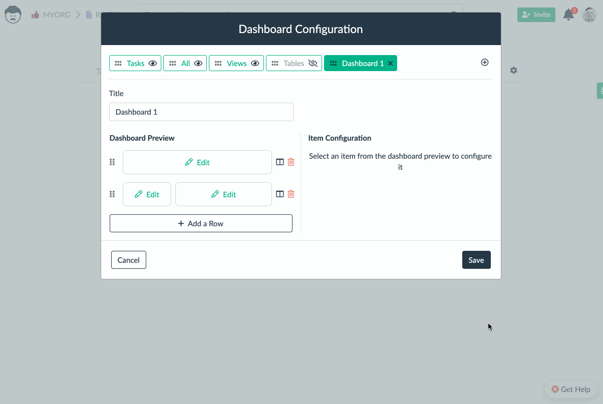 setting row sections in custom dashboards