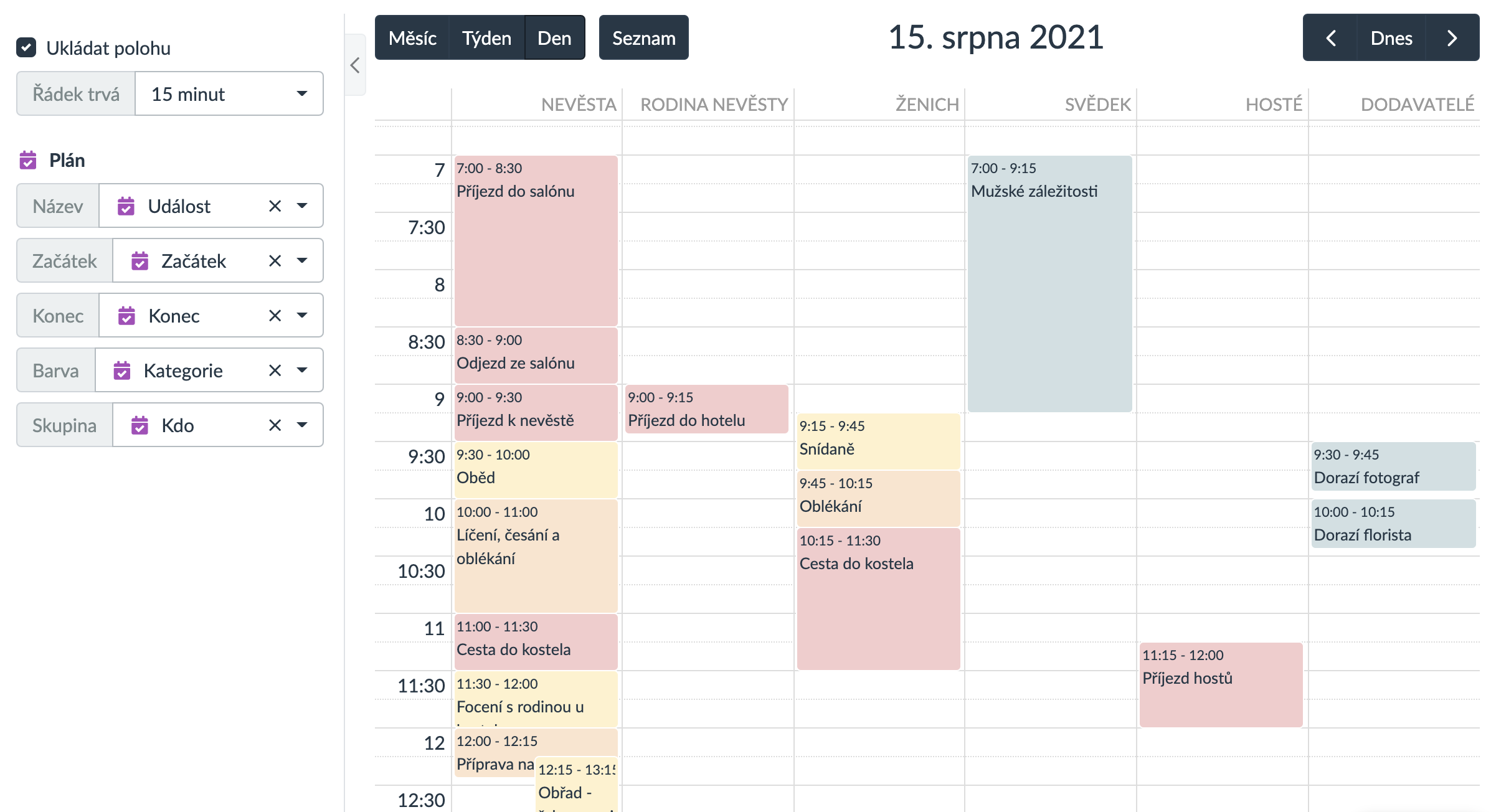 Šablona plánování svatby ukazuje použití skupin v kalendářovém pohledu