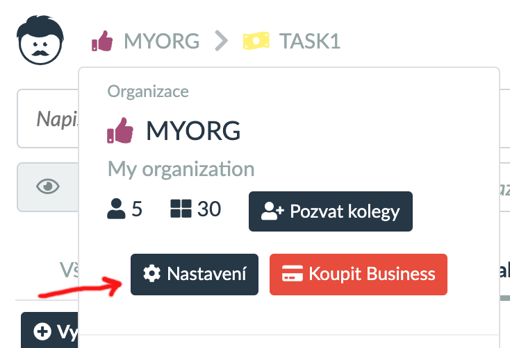 otevření nastavení organizace