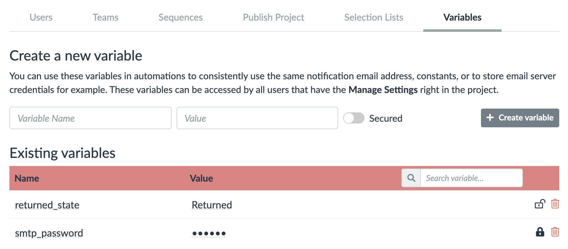 variables in project settings