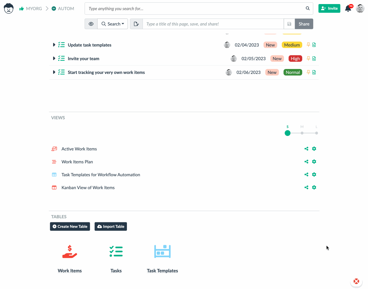 customization of work items table