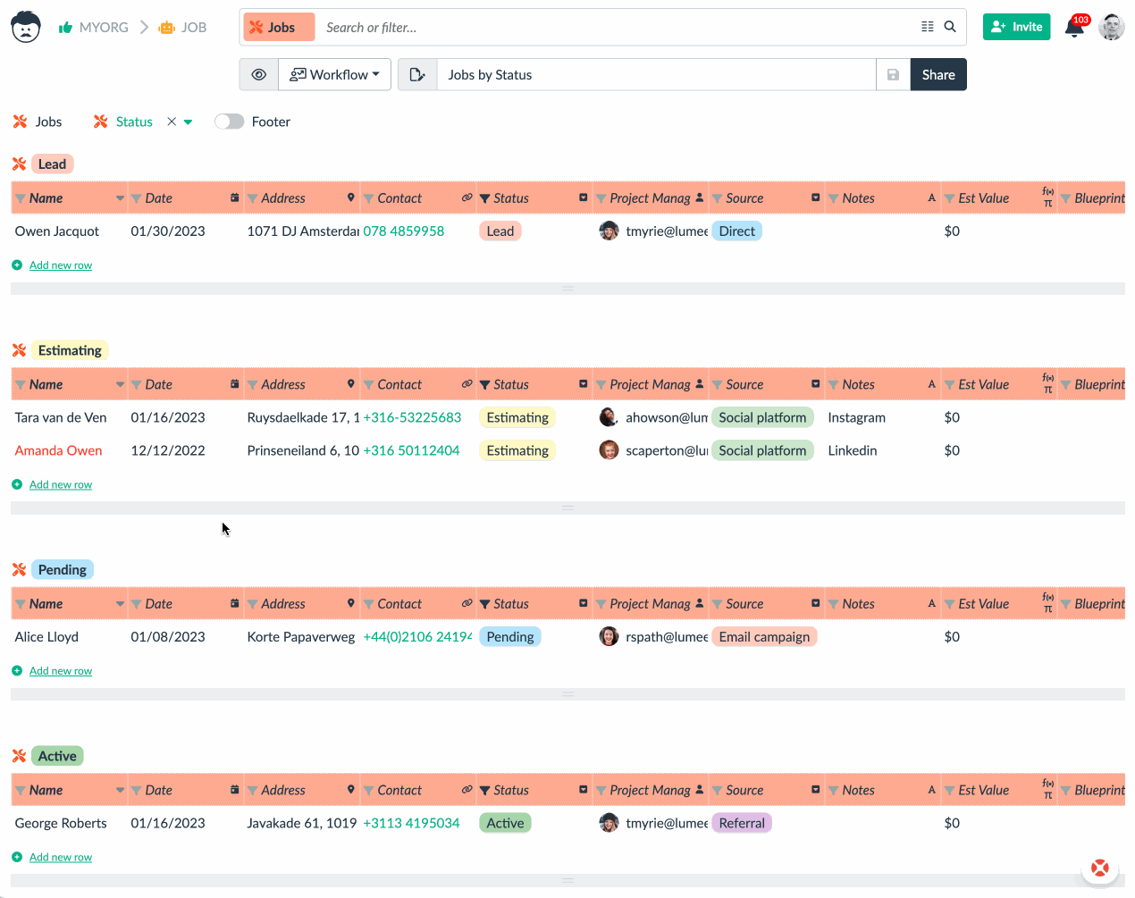 Comment on contracts in the job tracking template