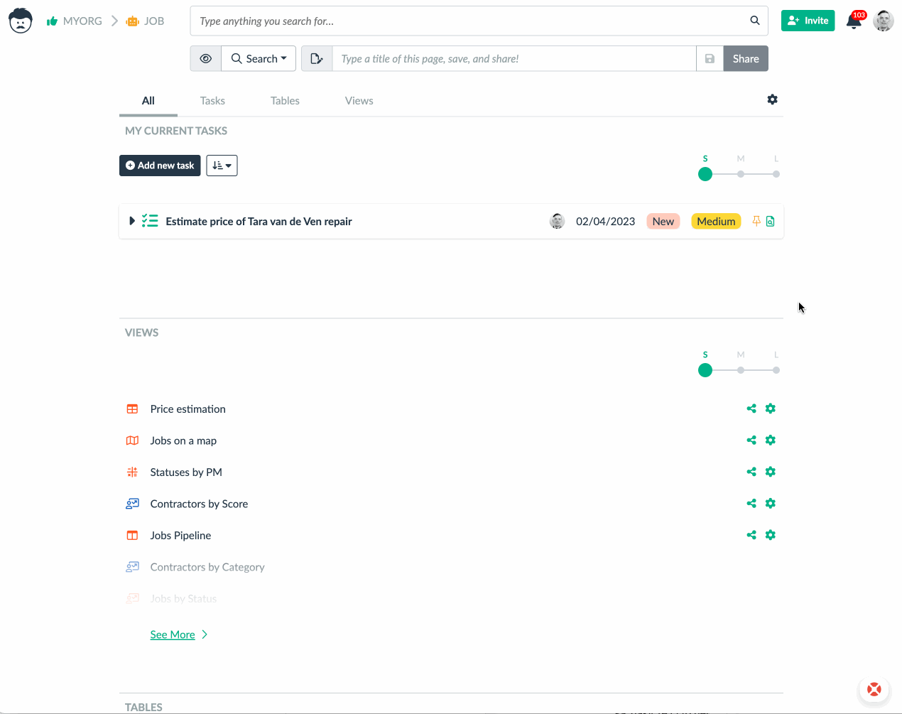 Task management in the job tracking template